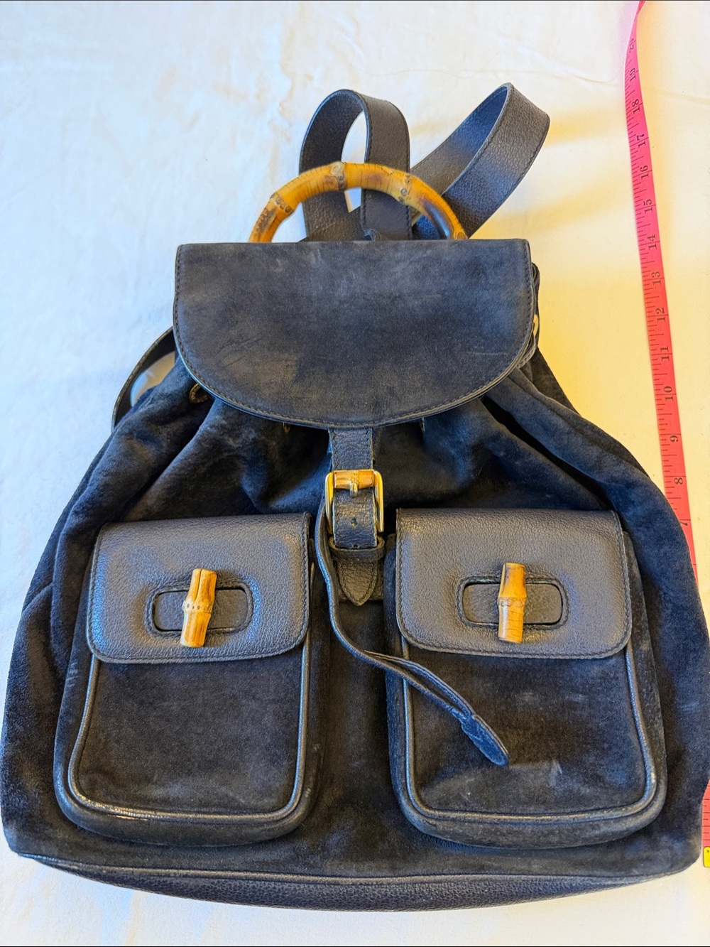 Gucci navy blue Suede Backpack with Bamboo Accents